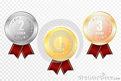 Set of gold, silver and bronze award medals Vector Illustration
