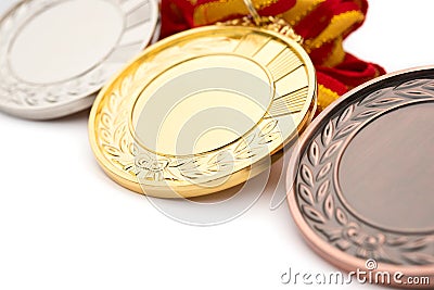 Set of gold silver and bronze award medals on white Stock Photo