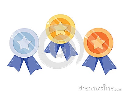 Set of gold, silver, bronze medal with star for first place. Trophy, award for winner isolated on white background. Vector Illustration