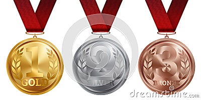 A set of gold, silver and bronze medals, the first, second and third place. Winner, champion, number one, two, three. Red ribbon. Cartoon Illustration