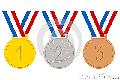 A set gold, silver and bronze Olympic medals. Sports game prize. Stock Photo