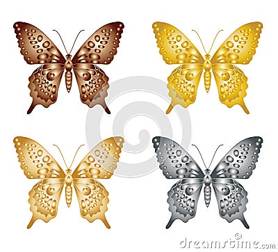 Set of gold silver butterfly on a white background, a collection of butterflies. Vector illustration. Vector Illustration