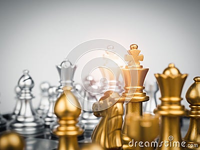 Set of gold and the silver chess pieces, king, rook, bishop, queen, knight, and pawn. Stock Photo