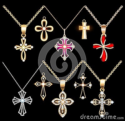 Set gold and silver cross pendant with gems Vector Illustration