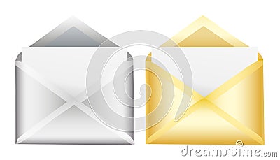 Set of gold and silver open envelopes with blank card ins Vector Illustration