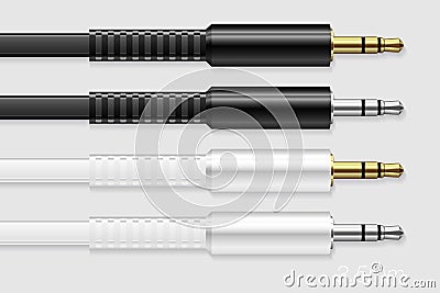 Set of Gold and Silver Stereo Mini Jack Plug with Flat Cords Vector Illustration