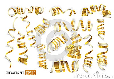 Set of gold curling streamers on white Cartoon Illustration