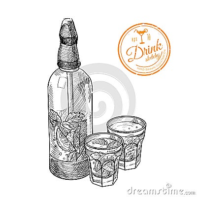 Set of gold tequila shot with lime fruits Vector Illustration