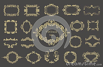 Set of gold vintage floral frames. Vector Illustration