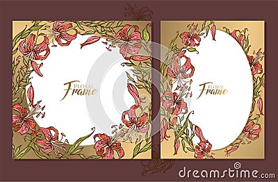 Set of gold wedding frames cards with a bouquet of lilies. Vector Illustration