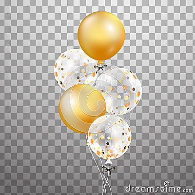 Set of Gold, white transparent helium balloon in the air . Frosted party balloons for event design. Party decorations for Vector Illustration