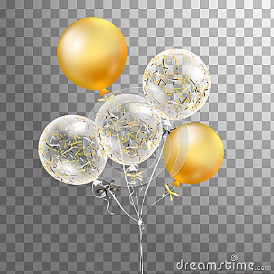 Set of Gold, white transparent helium balloon isolated in the air . Frosted party balloons for event design. Party decorations for Vector Illustration