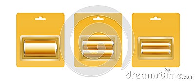 Set of Golden Alkaline Batteries in Yellow Blister Vector Illustration