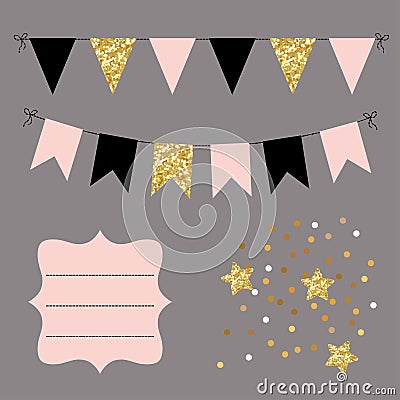 Set of golden, black and pink flat buntings garlands, flags, stars and curved frame. Celebration decor for greeting cards, design Vector Illustration