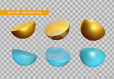 Set Golden and blue Half round sphere volumetric ball. 3d Geometric Shapes Objects. Realistic geometry element. Render Vector Illustration