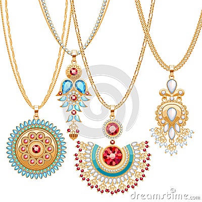 Set of golden chains with different pendants Vector Illustration
