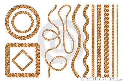 Set of golden chains, gold bracelet and chain brushes and frames. Different gold links, flat jewelry elements. Vector Vector Illustration