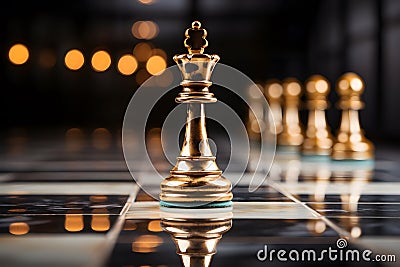 The set of golden chess pieces element with the focus on queen Stock Photo