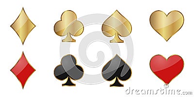 A set of golden and classic playing card symbols: Diamonds, Hearts, Clubs, Spades Vector Illustration