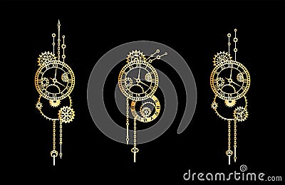 Set of golden clocks with gears, cogwheels, chains and windup keys. Steampunk Vector Illustration