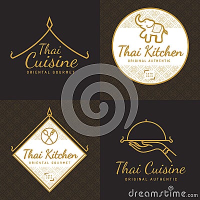 Set of golden color Thai food logo, badges, banners, emblem for asian food restaurant with thai pattern. Vector Illustration