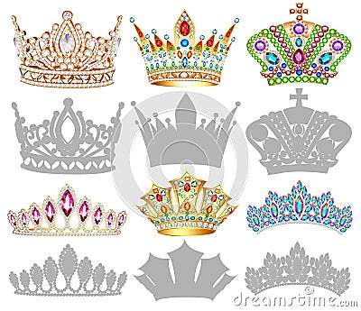 Set of golden crown , tiara, diadem and silhouettes Vector Illustration
