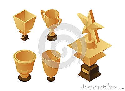 Set of golden cups and trophies on wooden pedestal. Winner, leader, and triumph icons. Vector Illustration