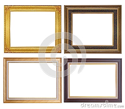 Set of golden frame and wood vintage isolated on white background. Stock Photo