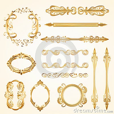 Set of golden frames for paintings, mirrors or photo Stock Photo