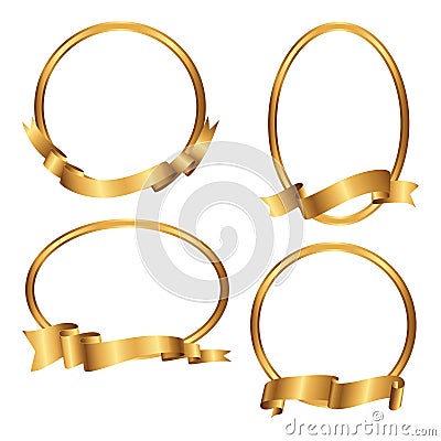 Set of golden frames with ribbons. Collection of gold borders. Vector Illustration