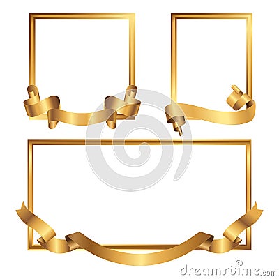 Set of golden frames with ribbons. Collection of gold borders. Vector Illustration