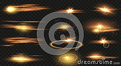 Set of Golden glitter bokeh lights and sparkles. Shining star and sparks with a highlight effect. On a dark transparent Vector Illustration