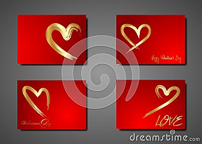 Set golden Hearts vector, hand drawn icon gold brush stroke style. Trendy heart isolated on red background. Useful for web site Vector Illustration