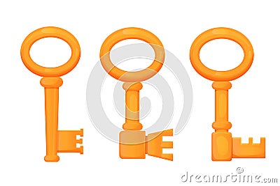 Set golden keys, ancient castle tool in cartoon style isolated on white background. Fairy comic ui game asset. Bright Vector Illustration