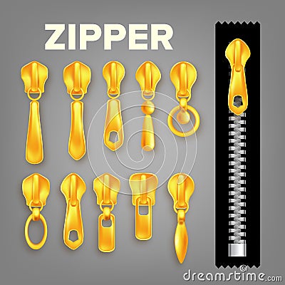Set Of Golden Metal And Plastic Zipper Vector Vector Illustration