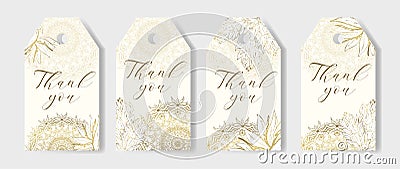 Set of golden outline flowers and mandala in shape for Thank you tags. Vector Illustration