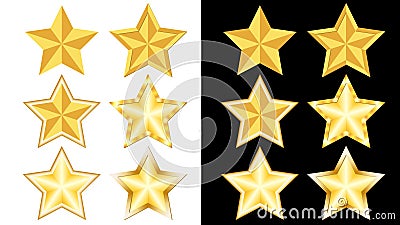 Set of golden rating stars with different borders on white and black background. For rating or decorative decoration. Design Vector Illustration