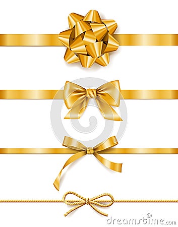 Set of golden ribbons with bows, decoration for gift boxes, design element Vector Illustration