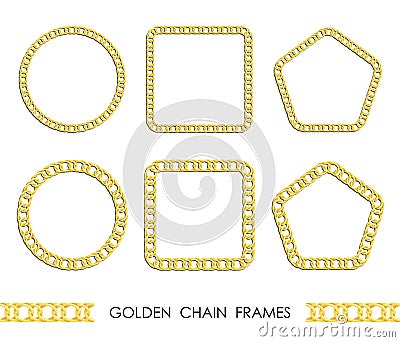 Set of golden round and square chain frames for decorative headers. Gold double weave chain frames isolated on white background. Vector Illustration