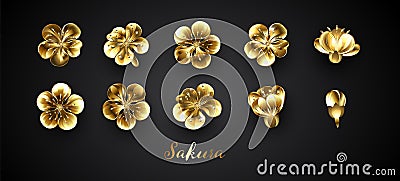 Set of golden sakura flowers Vector Illustration