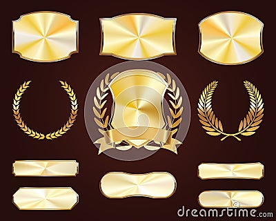 Set of golden shields. Luxury gold labels. Glossy metal badges. Collection of seals, laurel. Vector Illustration