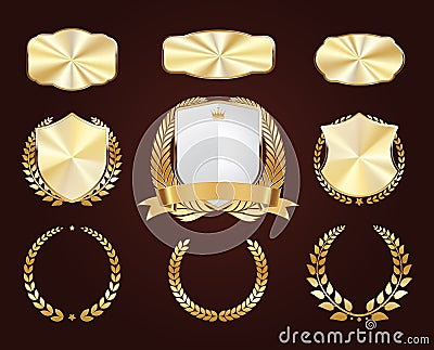 Set of golden shields. Luxury gold labels. Glossy metal badges. Collection of seals, laurel. Vector Illustration