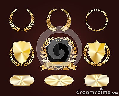 Set of golden shields. Luxury gold labels. Glossy metal badges. Collection of seals, laurel. Vector. Vector Illustration