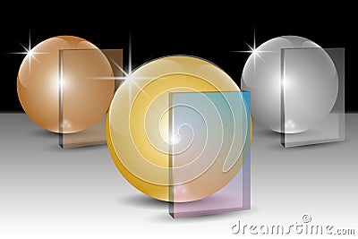 Set of golden, silver and bronze balls and transparency pnel for text Cartoon Illustration