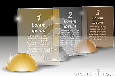 Set of golden, silver and bronze balls and transparent banners for text Cartoon Illustration