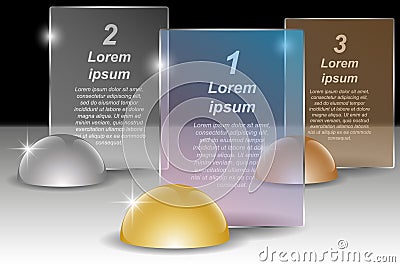 Set of golden, silver and bronze hemispheres and transparent banners for text Cartoon Illustration