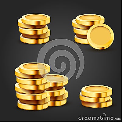 Set of golden stack dollar coins isolated on dark background. Economics concept. Vector Illustration