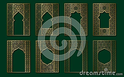 Set of golden vintage frames in form of ornate door and window. Book, booklet, brochure covers, greeting card or leaflet Vector Illustration