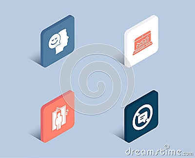 Good mood, Elevator and Web analytics icons. Stop talking sign. Positive thinking, Lift, Statistics. Vector Illustration