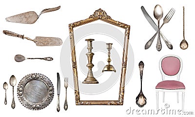 Set of 17 gorgeous old vintage items. Old dishes, appliances, kettles, chairs, books, candlesticks, picture frames. Isolated Stock Photo